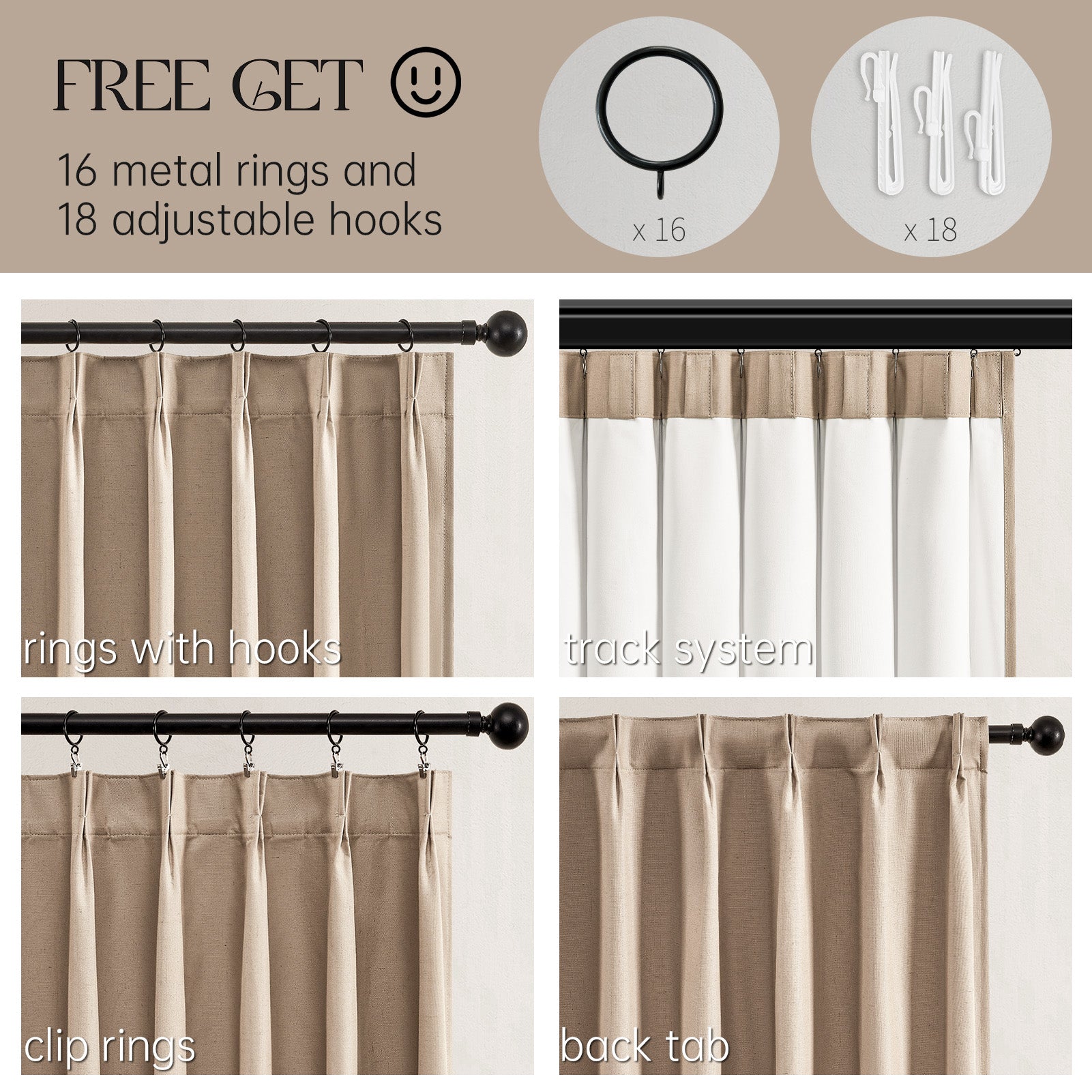 Back Tab Hooks Pleated 100% Blackout Linen Curtains,with hooks