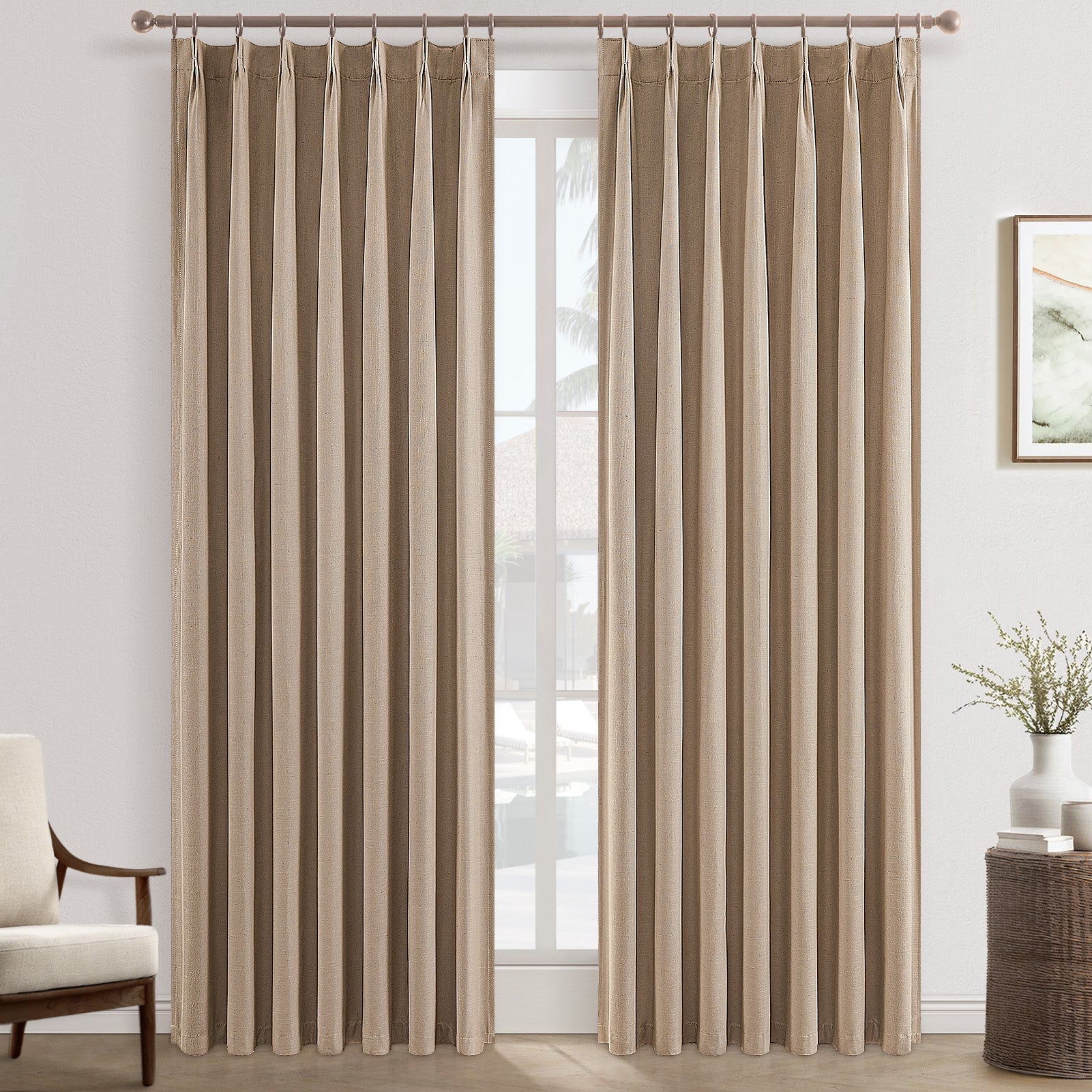 Back Tab Hooks Pleated 100% Blackout Linen Curtains,with hooks